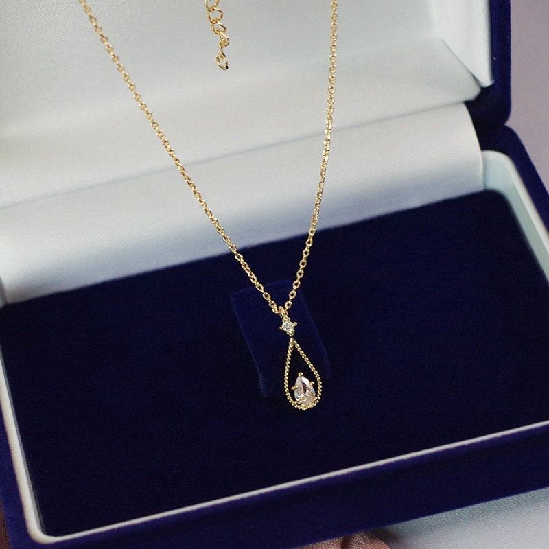 Gold Vermeil Oval CZ Water Drop Necklace, Delicate Droplet Necklace, Dainty CZ Waterdrop Necklace, Gold Skinny Necklace, Gift for Her, GN18