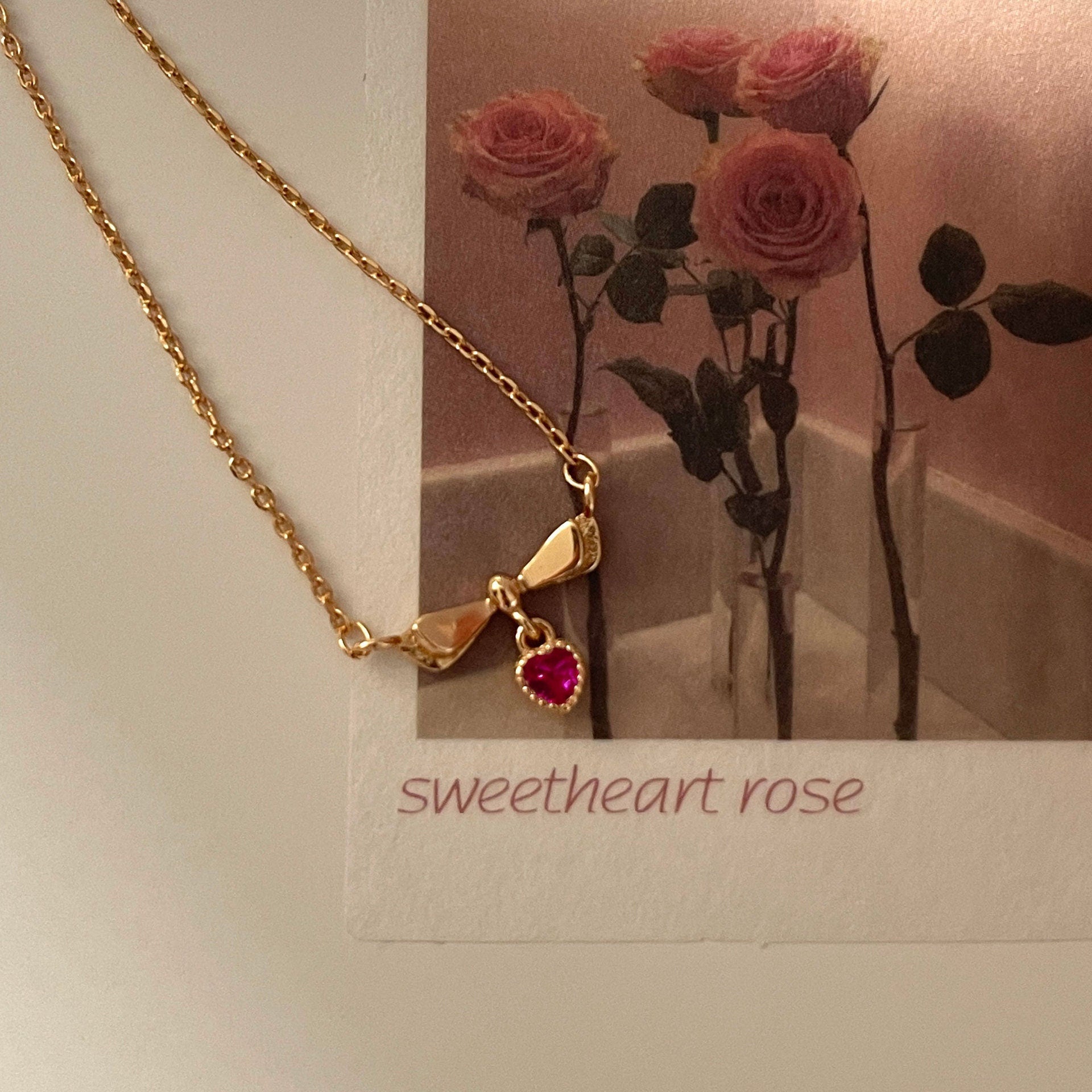 14k Gold Plated 925 Silver Tiny Ruby CZ Heart with Bow Necklace, Delicate Simulated Ruby Necklace, Pretty Bow with Heart Design, Gifts GN21