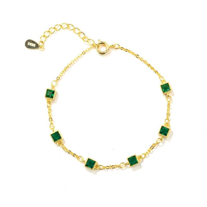 Dainty Square Emerald CZ Bracelet, 14k Gold Vermeil Emerald Charm Bracelets, Minimalist Emerald Bracelet, Gift for her, GB01