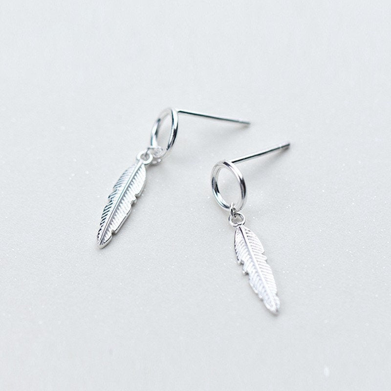 S925 Silver Circle Leaf Drop & Dangle Earrings, Dainty Circle Feather Drop Earrings, Silver Dangle Earrings, Gift for her, GE25