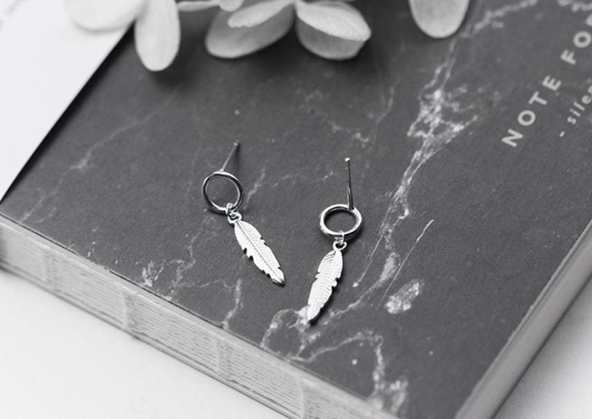 S925 Silver Circle Leaf Drop & Dangle Earrings, Dainty Circle Feather Drop Earrings, Silver Dangle Earrings, Gift for her, GE25