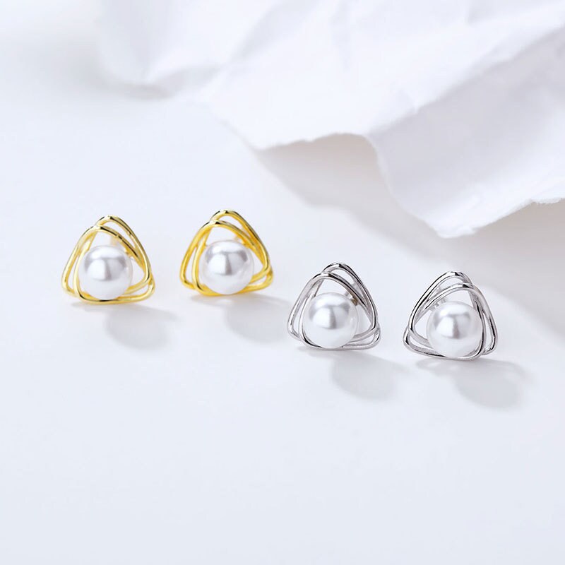 Dainty Gold Pearl Triangle Stud Earrings, Simulated Pearl Earrings, Geometry Earrings, Minimalist, Triangle Pearl Studs, Gift for her, GE27