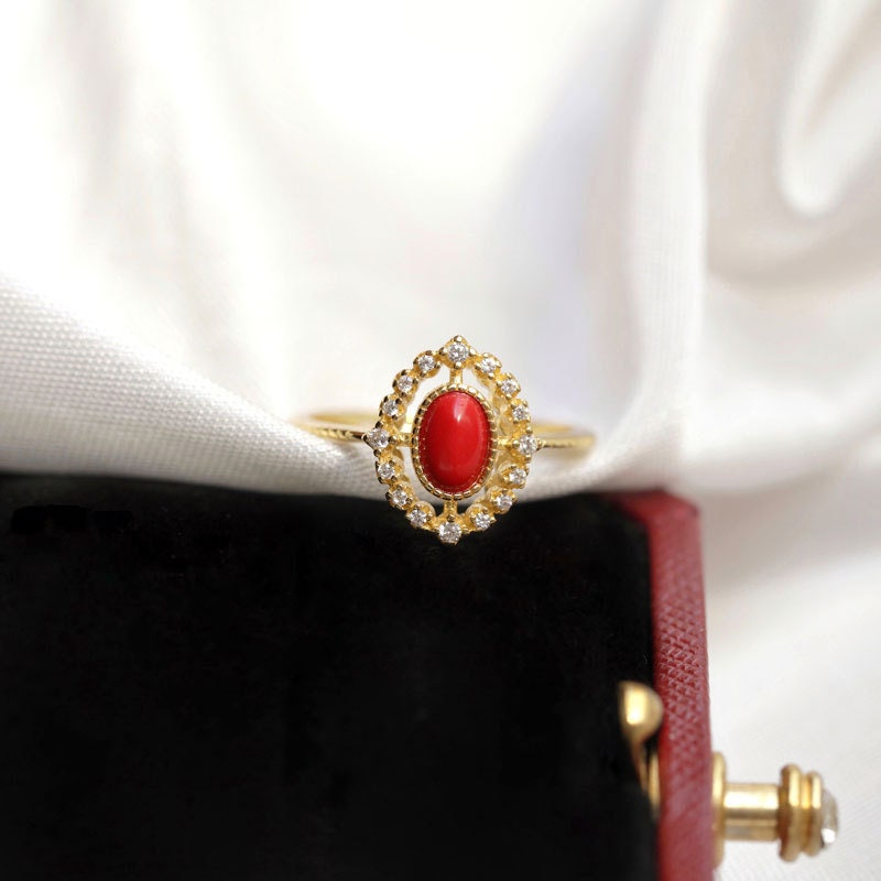 Delicate CZ Red Resin Adjustable Ring, Gold Vintage Open Size Ring, Dainty Minimalist Red Oval Ring, Gift for her, GR06