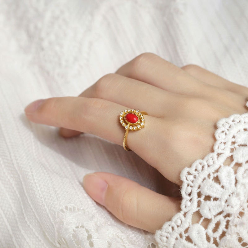 Delicate CZ Red Resin Adjustable Ring, Gold Vintage Open Size Ring, Dainty Minimalist Red Oval Ring, Gift for her, GR06