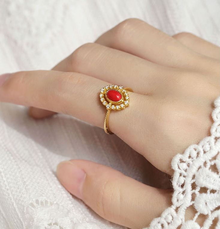 Delicate CZ Red Resin Adjustable Ring, Gold Vintage Open Size Ring, Dainty Minimalist Red Oval Ring, Gift for her, GR06