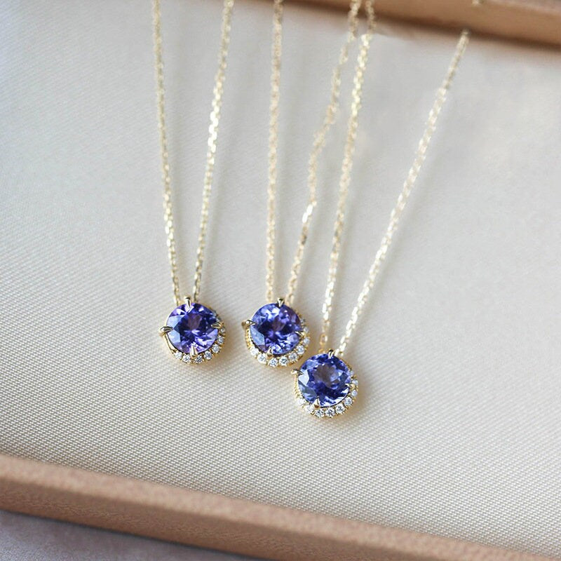 14k Gold Vermeil Round Cut Blue Sapphire cz Necklace, Gold Blue CZ Necklace, Minimalist Sapphire CZ Pendant, Christmas Gift, GN25