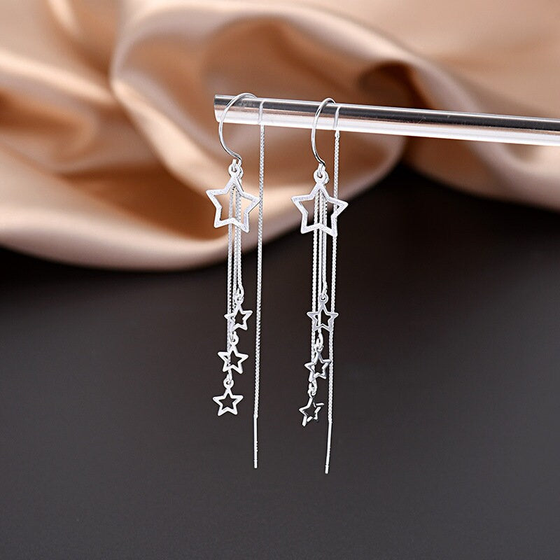 S925 Silver Hollow-out Star Threader Earrings, Star Dangle & Drop Earring, Rose Gold Vermeil Star Tassel Earrings, Gifts for Her GE32