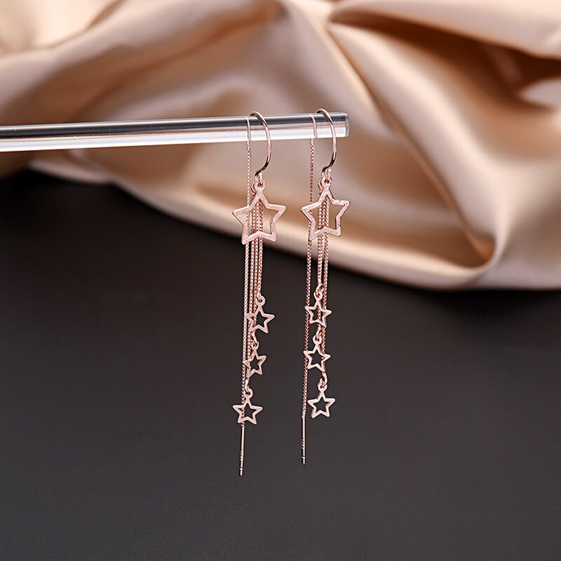 S925 Silver Hollow-out Star Threader Earrings, Star Dangle & Drop Earring, Rose Gold Vermeil Star Tassel Earrings, Gifts for Her GE32