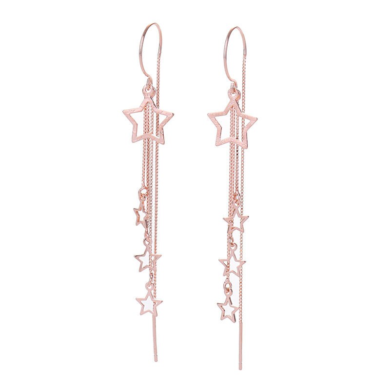 S925 Silver Hollow-out Star Threader Earrings, Star Dangle & Drop Earring, Rose Gold Vermeil Star Tassel Earrings, Gifts for Her GE32