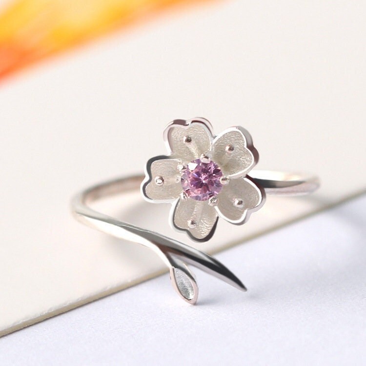 Sterling Silver Cherry Blossom Adjustable Ring, Delicate Flower & Leaf Open Ring, Dainty Adjustable Flower Ring, Purple or Pink, Gift GR05