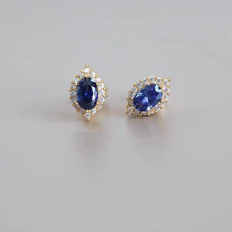 Dainty Oval Shape Blue Sapphire CZ Stud Earrings, 14k Gold Plated 925 Silver Simulated Sapphire Earrings, Sparkly Oval Blue CZ Earring, GE21