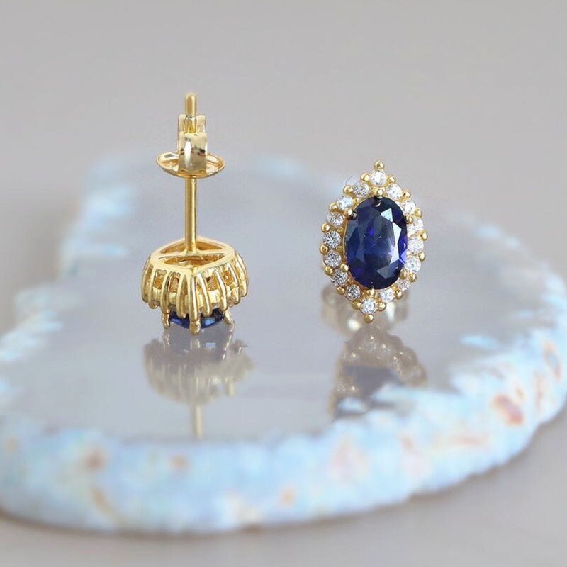 Dainty Oval Shape Blue Sapphire CZ Stud Earrings, 14k Gold Plated 925 Silver Simulated Sapphire Earrings, Sparkly Oval Blue CZ Earring, GE21