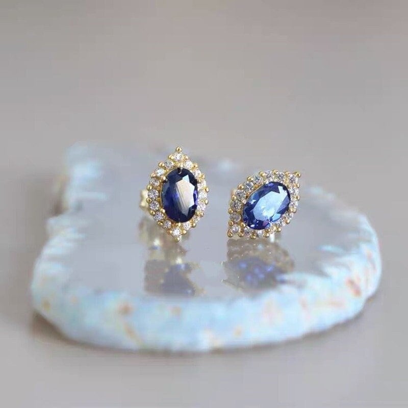 Dainty Oval Shape Blue Sapphire CZ Stud Earrings, 14k Gold Plated 925 Silver Simulated Sapphire Earrings, Sparkly Oval Blue CZ Earring, GE21