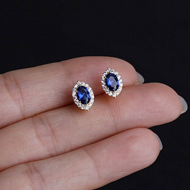 Dainty Oval Shape Blue Sapphire CZ Stud Earrings, 14k Gold Plated 925 Silver Simulated Sapphire Earrings, Sparkly Oval Blue CZ Earring, GE21