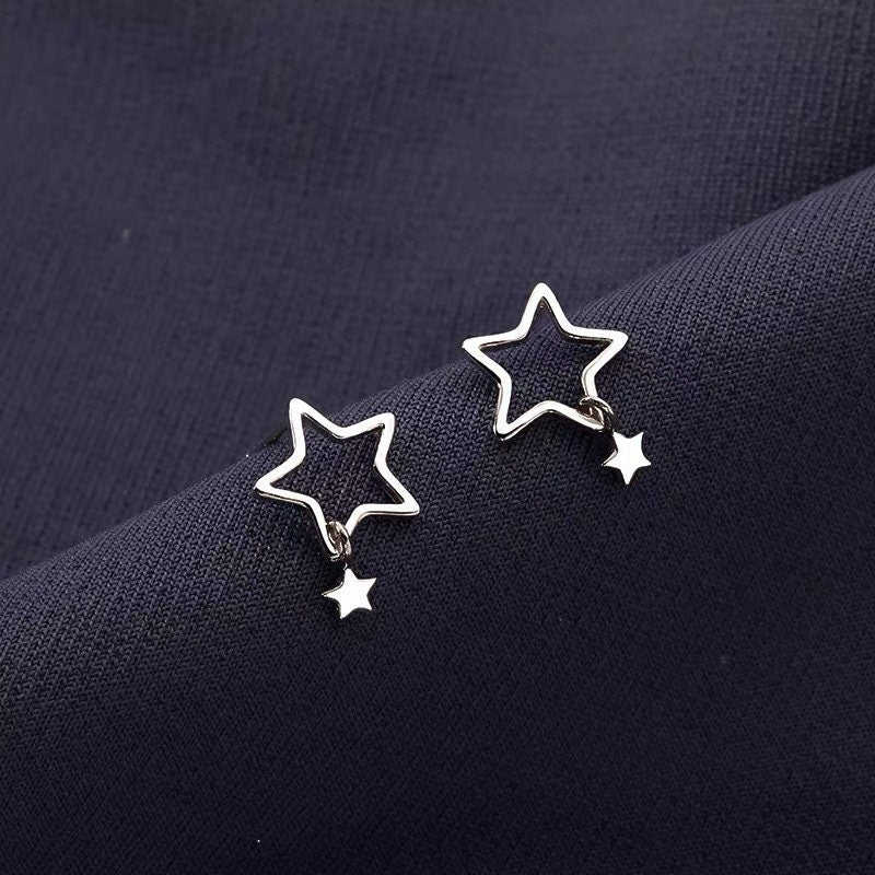 Sterling Silver Hollow-out Star Features Tiny Star Drop & Dangle Earrings, Dainty Star Tassel Drop Earrings, Pretty Modern Design, Gift GE34