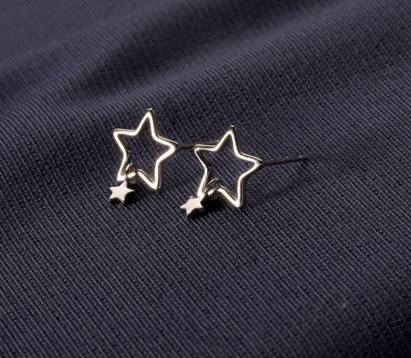 Sterling Silver Hollow-out Star Features Tiny Star Drop & Dangle Earrings, Dainty Star Tassel Drop Earrings, Pretty Modern Design, Gift GE34