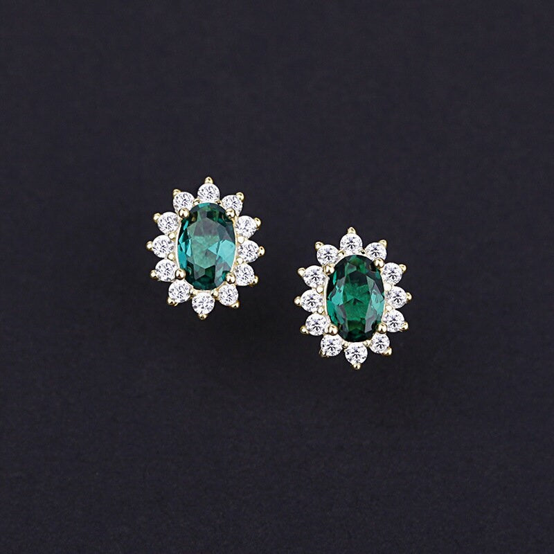 14k Gold Vermeil Oval Emerald CZ Earrings, Sparkly Emerald CZ Stud Earrings, Dainty Earring, Bridesmaids/Bridal Gift, Gift for her, GE35