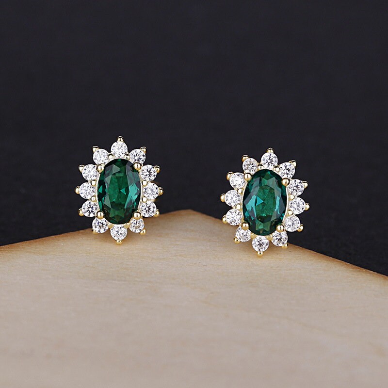 14k Gold Vermeil Oval Emerald CZ Earrings, Sparkly Emerald CZ Stud Earrings, Dainty Earring, Bridesmaids/Bridal Gift, Gift for her, GE35