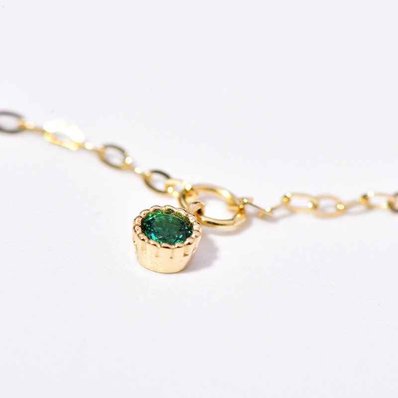 14k Gold Plated 925 Silver Round Emerald CZ Charm Anklet, Dainty Emerald Drop Ankle Bracelet, Tiny Green CZ Anklet, Gifts for Her, GA01