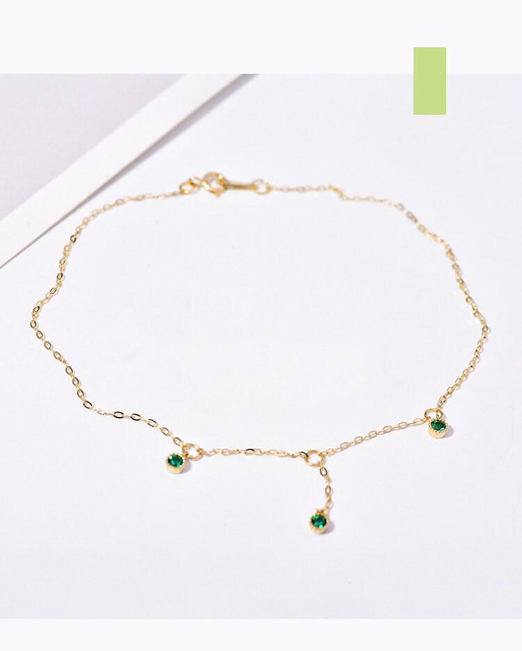 14k Gold Plated 925 Silver Round Emerald CZ Charm Anklet, Dainty Emerald Drop Ankle Bracelet, Tiny Green CZ Anklet, Gifts for Her, GA01