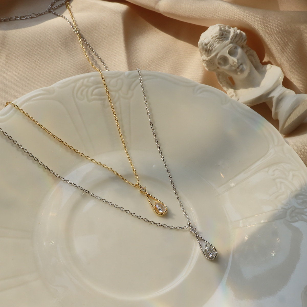 Gold Vermeil Oval CZ Water Drop Necklace, Delicate Droplet Necklace, Dainty CZ Waterdrop Necklace, Gold Skinny Necklace, Gift for Her, GN18