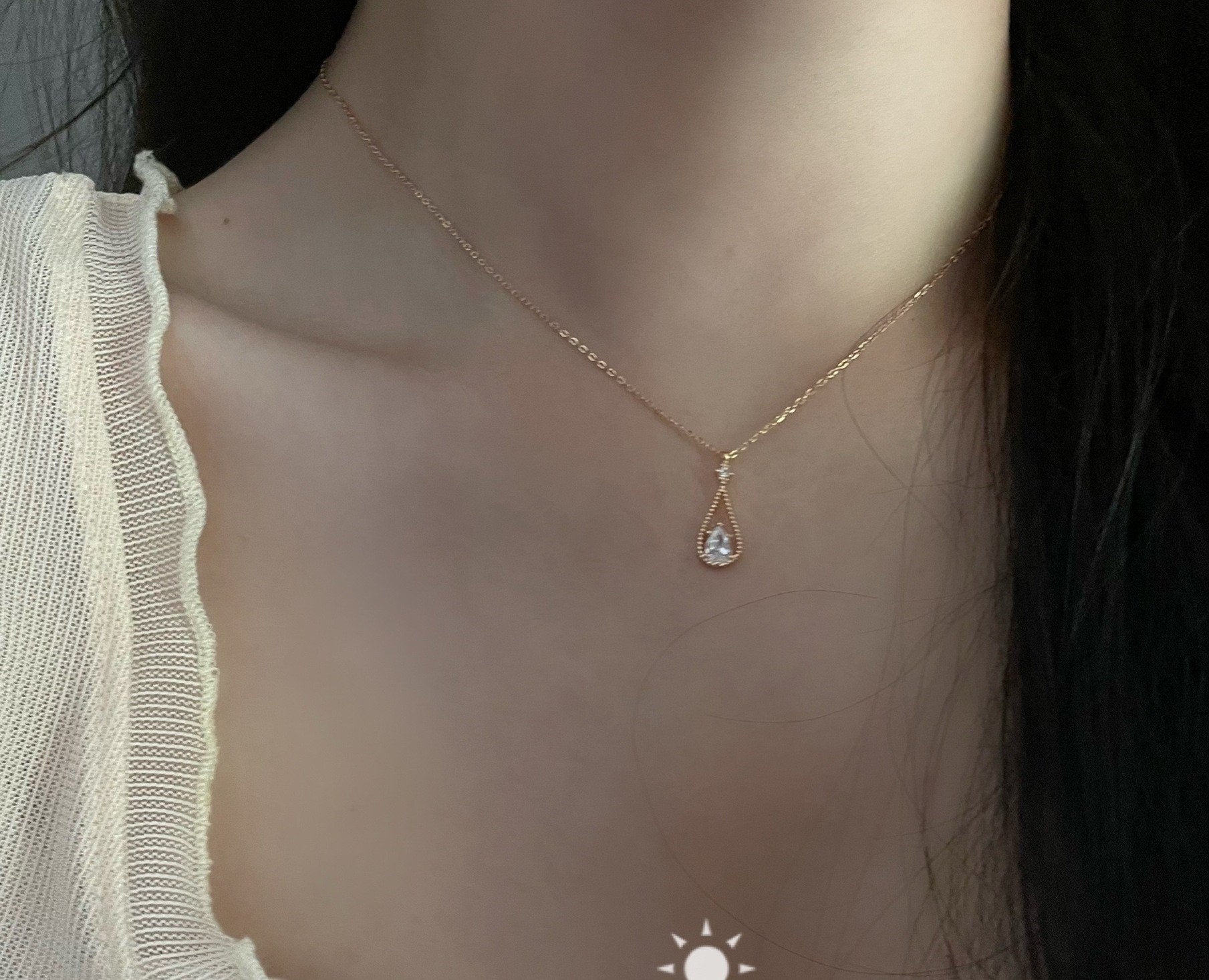 Gold Vermeil Oval CZ Water Drop Necklace, Delicate Droplet Necklace, Dainty CZ Waterdrop Necklace, Gold Skinny Necklace, Gift for Her, GN18