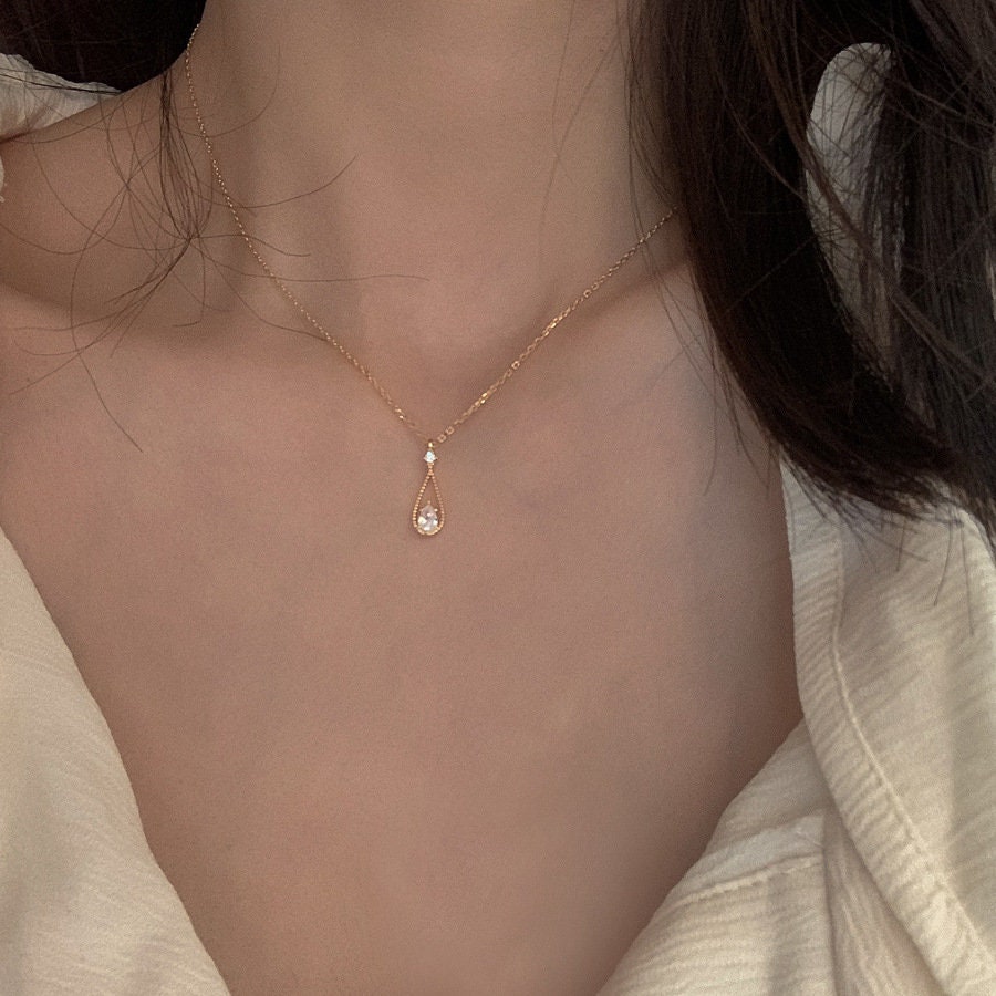 Gold Vermeil Oval CZ Water Drop Necklace, Delicate Droplet Necklace, Dainty CZ Waterdrop Necklace, Gold Skinny Necklace, Gift for Her, GN18