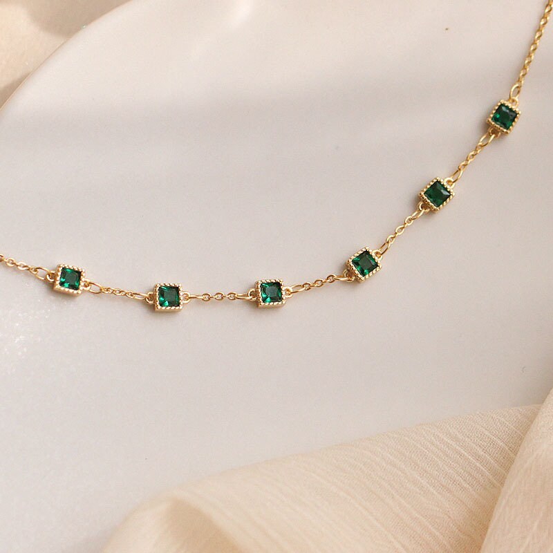 Dainty Square Emerald CZ Bracelet, 14k Gold Vermeil Emerald Charm Bracelets, Minimalist Emerald Bracelet, Gift for her, GB01