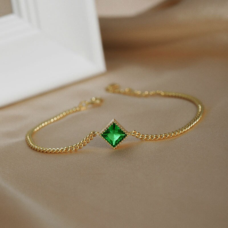 Dainty Square Emerald CZ Bracelet, 14k Gold Vermeil French Emerald CZ Bracelets, Minimalist Vintage Style Emerald Bracelet, Bridal Gift GB02