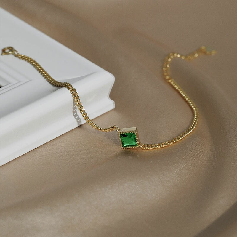 Dainty Square Emerald CZ Bracelet, 14k Gold Vermeil French Emerald CZ Bracelets, Minimalist Vintage Style Emerald Bracelet, Bridal Gift GB02