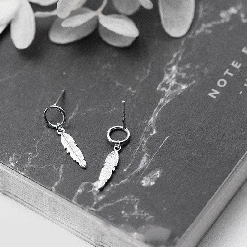 S925 Silver Circle Leaf Drop & Dangle Earrings, Dainty Circle Feather Drop Earrings, Silver Dangle Earrings, Gift for her, GE25