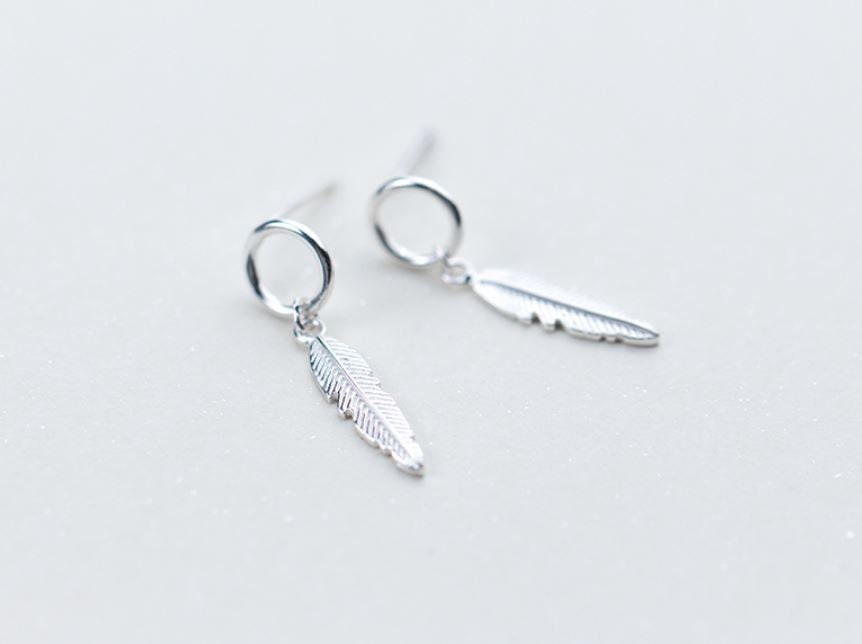 S925 Silver Circle Leaf Drop & Dangle Earrings, Dainty Circle Feather Drop Earrings, Silver Dangle Earrings, Gift for her, GE25