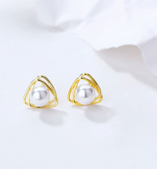 Dainty Gold Pearl Triangle Stud Earrings, Simulated Pearl Earrings, Geometry Earrings, Minimalist, Triangle Pearl Studs, Gift for her, GE27