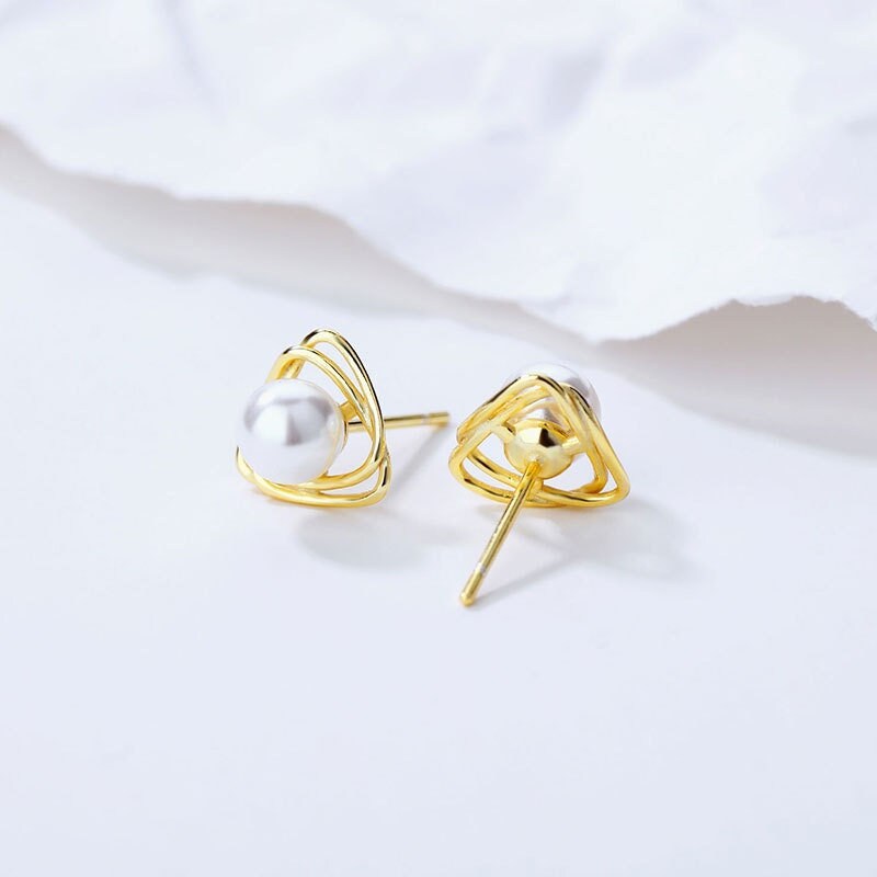 Dainty Gold Pearl Triangle Stud Earrings, Simulated Pearl Earrings, Geometry Earrings, Minimalist, Triangle Pearl Studs, Gift for her, GE27