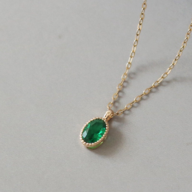 Dainty Oval Emerald CZ Necklace, Thick 14k Gold Plated Sterling Silver Simulated Emerald Necklace, Pretty and Timeless Design, Gifts, GN23