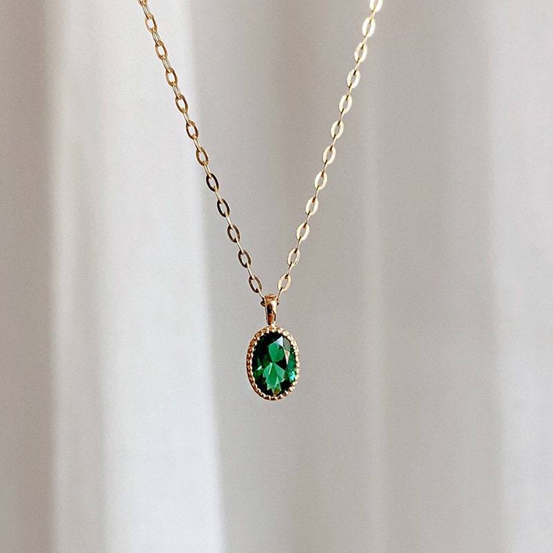 Dainty Oval Emerald CZ Necklace, Thick 14k Gold Plated Sterling Silver Simulated Emerald Necklace, Pretty and Timeless Design, Gifts, GN23