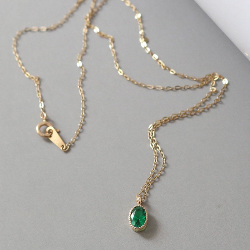 Dainty Oval Emerald CZ Necklace, Thick 14k Gold Plated Sterling Silver Simulated Emerald Necklace, Pretty and Timeless Design, Gifts, GN23