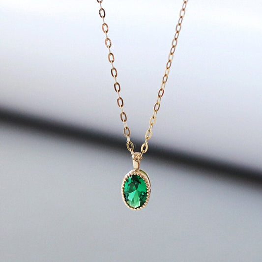 Dainty Oval Emerald CZ Necklace, Thick 14k Gold Plated Sterling Silver Simulated Emerald Necklace, Pretty and Timeless Design, Gifts, GN23