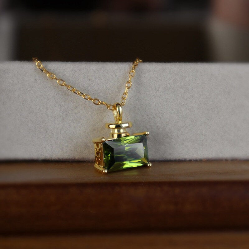 Dainty Olive Green CZ Perfume Bottler Necklace, Gold Vermeil Perfume Bottle Pendant, Statement Necklace, Gift for her, Christmas gift, GN24