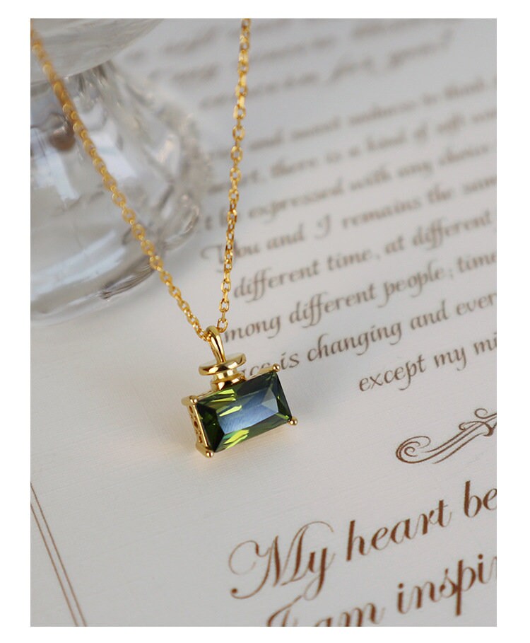 Dainty Olive Green CZ Perfume Bottler Necklace, Gold Vermeil Perfume Bottle Pendant, Statement Necklace, Gift for her, Christmas gift, GN24