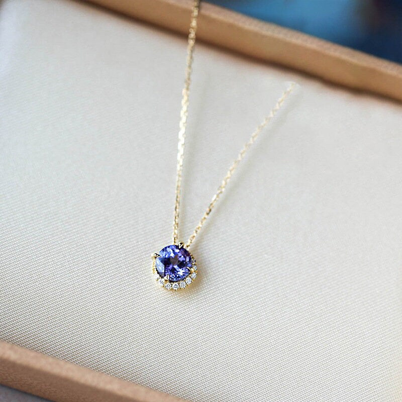 14k Gold Vermeil Round Cut Blue Sapphire cz Necklace, Gold Blue CZ Necklace, Minimalist Sapphire CZ Pendant, Christmas Gift, GN25