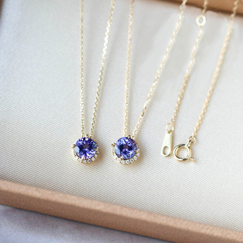 14k Gold Vermeil Round Cut Blue Sapphire cz Necklace, Gold Blue CZ Necklace, Minimalist Sapphire CZ Pendant, Christmas Gift, GN25