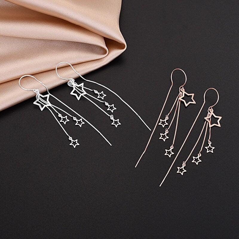 S925 Silver Hollow-out Star Threader Earrings, Star Dangle & Drop Earring, Rose Gold Vermeil Star Tassel Earrings, Gifts for Her GE32