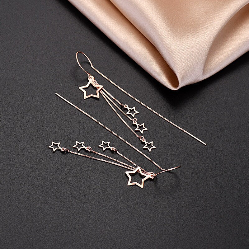 S925 Silver Hollow-out Star Threader Earrings, Star Dangle & Drop Earring, Rose Gold Vermeil Star Tassel Earrings, Gifts for Her GE32