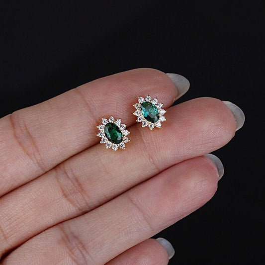 14k Gold Vermeil Oval Emerald CZ Earrings, Sparkly Emerald CZ Stud Earrings, Dainty Earring, Bridesmaids/Bridal Gift, Gift for her, GE35