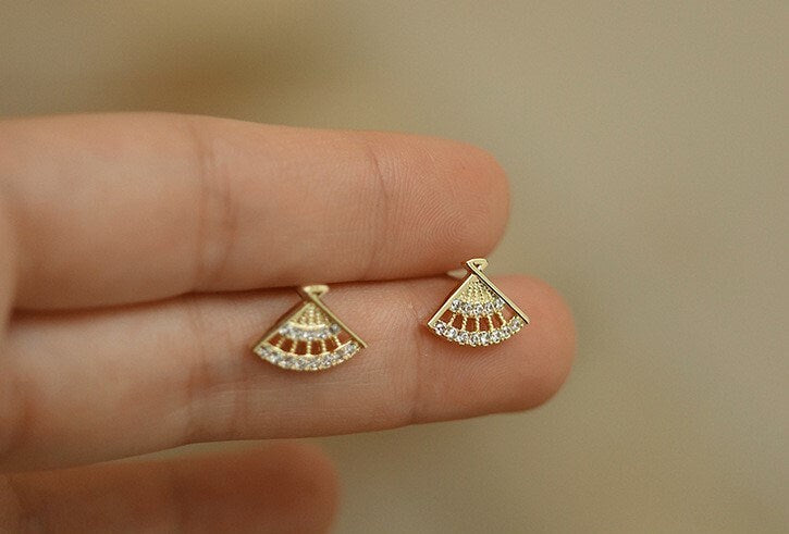 Gold CZ Fan-shaped Stud Earrings, Dainty CZ Fan Earrings, Fan Studs, Unique Earrings, Minimalist Fun Earrings, Gifts for Her