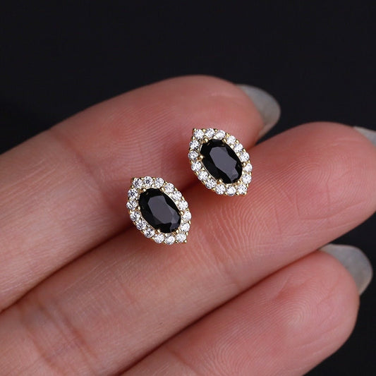 Dainty Gold Black Onyx Stud Earrings, Sparkly CZ and Onyx Earrings, Gold Oval Onyx Earrings, Bridal Gift, Wedding Earrings, Gifts, GE41