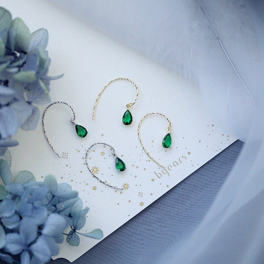 Dainty Gold Emerald CZ Waterdrop Hook Dangle Earrings, Silver Tiny Emerald CZ Droplet Hook Drop Earrings, Gift for Her, Gift for Mom, E51