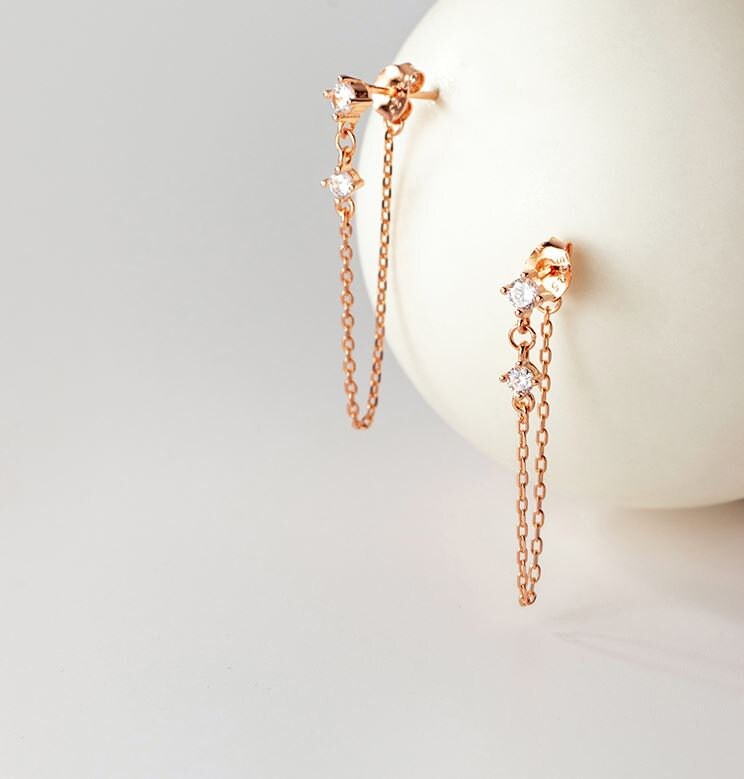 14k Rose Gold Vermeil Dainty CZ Threader Dangle & Drop Earrings, Rose Gold Tassel Earrings, Minimalist Threader Earring, Gifts, GE59