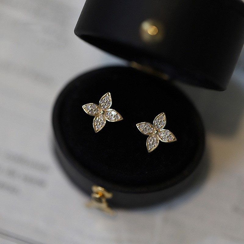 Dainty CZ 14k Gold Vermeil Flower Stud Earrings, Delicate Flower Earrings, Gold Flower CZ Studs, Minimalist Plant Earrings, Gifts, GE60